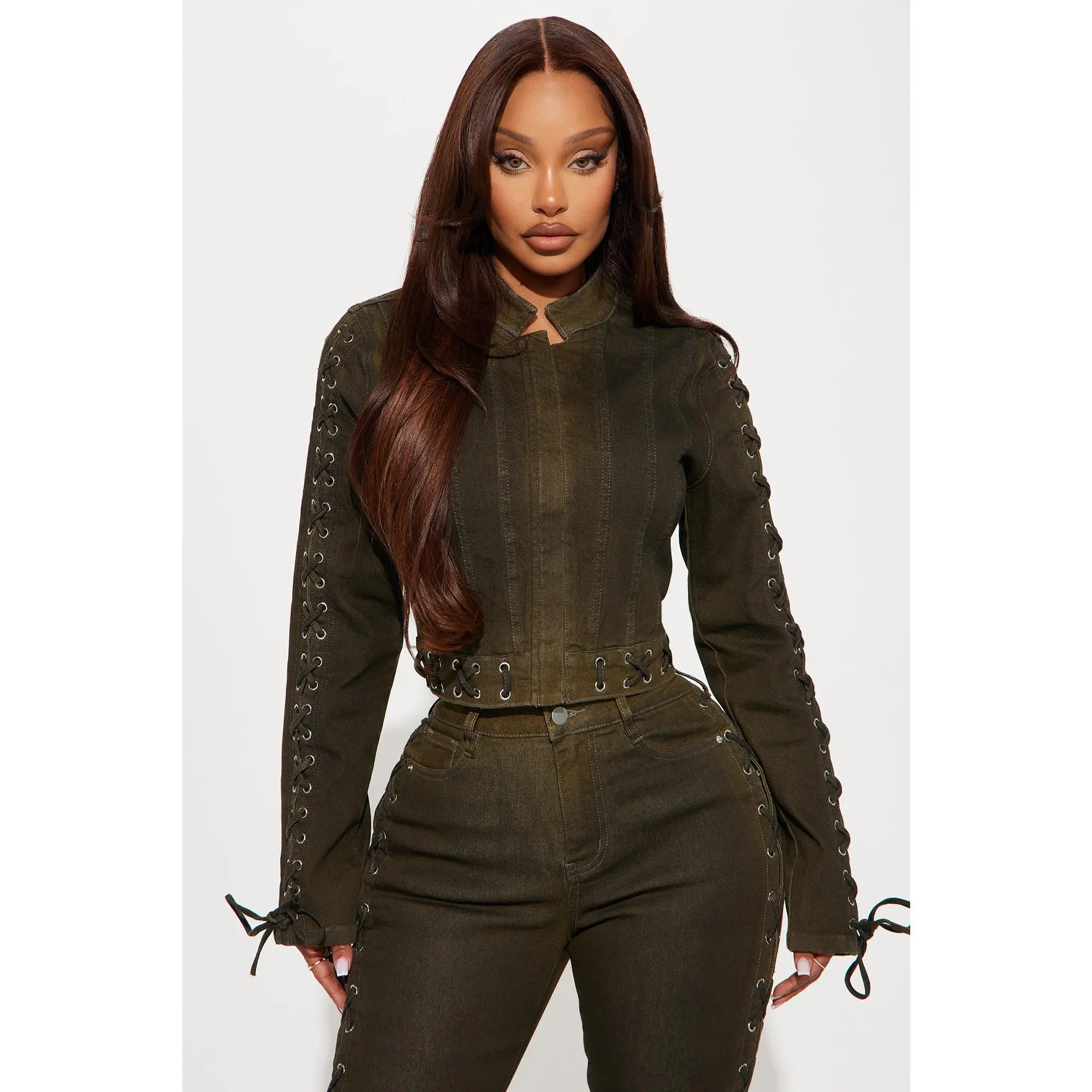 Take Notes Lace Up Stretch Denim Jacket - Olive Take Notes Lace Up Stretch Denim Jacket - Olive