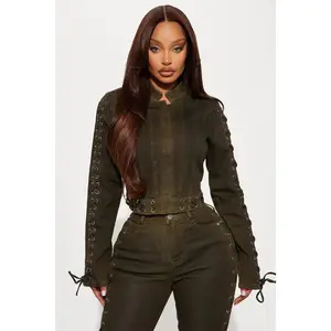 Take Notes Lace Up Stretch Denim Jacket - Olive