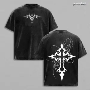 Gothic Cross Oversized T-Shirt: Dark Faith Washed Heavy Cotton Tee Round Neck Casual