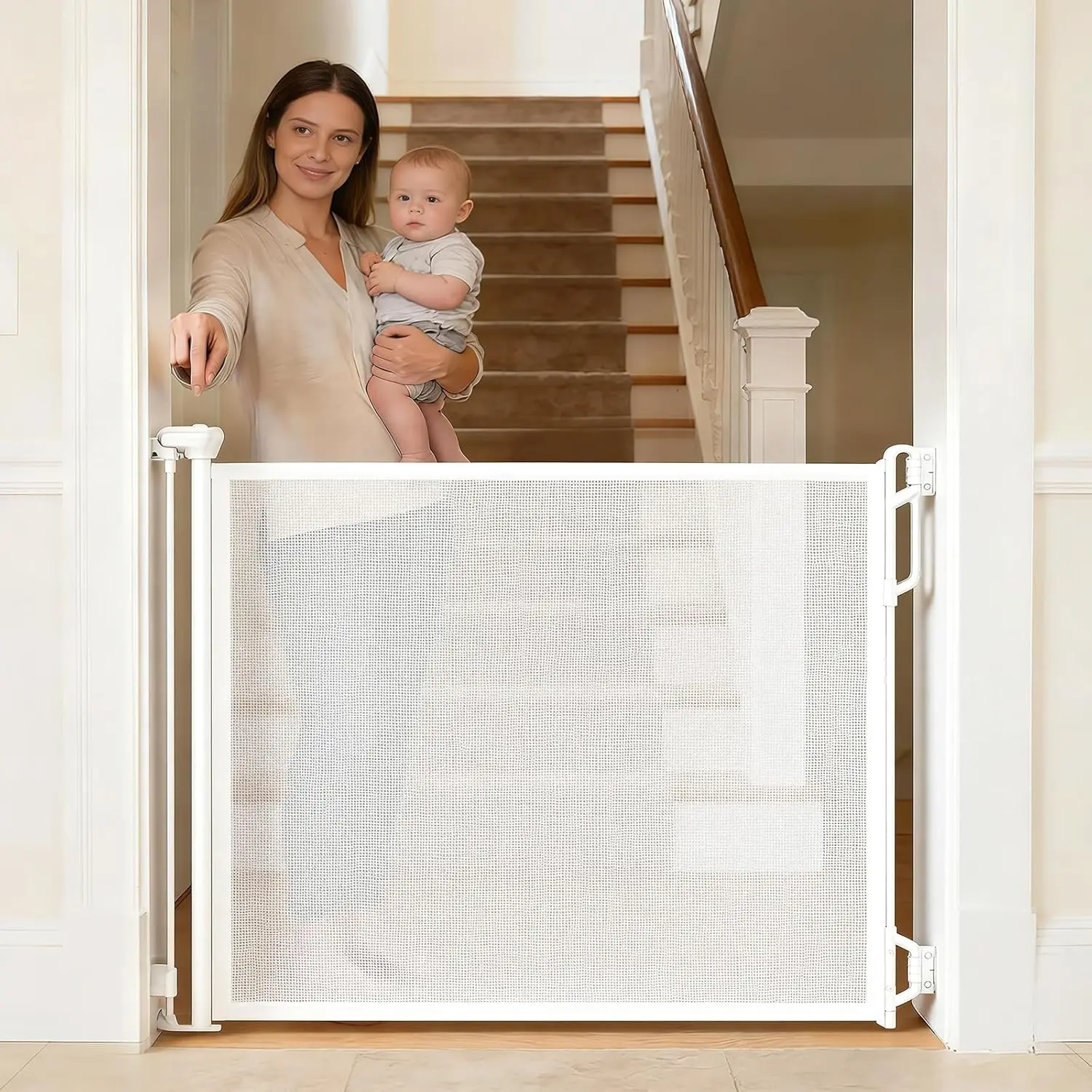 Retractable Safety Baby Gate or Mesh Dog Gate,Durable Portable Mesh Retractable Gate,Easy to Use for Stairs, Doorways, Hallways, Indoor, Outdoor, 33.5" Tall, Extends to 55" Wide,White