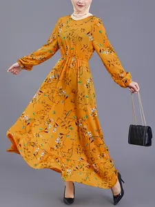 Women's Bohemian printed long dress, long sleeves and A-line silhouette, machine washable casual beach party dress for spring, summer, autumn, winter, beach dress