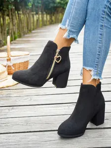 Women's Velvet Heart Zipper Chunky Heel Short Boots, Metal Heart Zipper, Faux Leather, Square Heel, Perfect for Sweet Office Style, Spring Fall