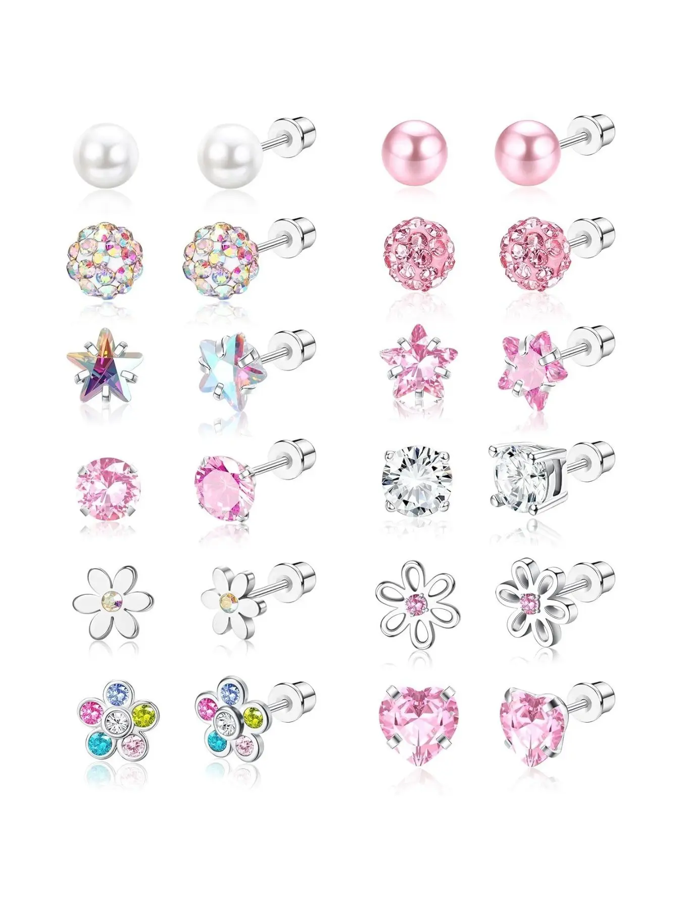 12 Pairs Cute Stainless Steel Screw Back Earrings Set, Screwback Earrings, for Women Girls Cubic Zirconia Butterfly Flower Heart Designs Multicolored Stud Earrings Christmas Gift Hypoallergenic