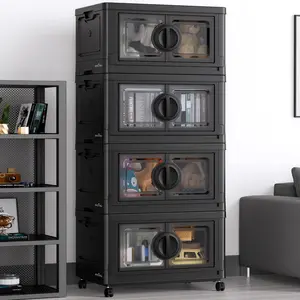 Broview V9 112Gal Storage Bins with Lids, Stackable Collapsible Storage Bins with Wheels, Closet Organizers and Storage, Folding Plastic Cabinet with Doors for Home Office Garage