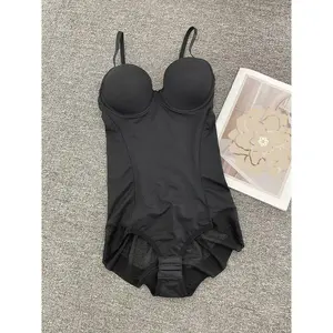 Postpartum Shapewear Bodysuit with Bra Cup, Deep V Neck, Ruched Design, Sheer Waist Cincher, Casual Style, All Seasons