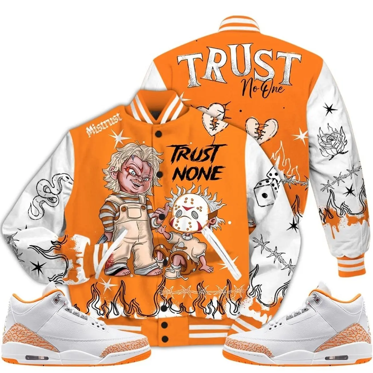 3 White Orange Peel Varsity Jacket, Orange Citrus 3s Outfit Scary Trust No One Shirts To Match Sneaker Streetwear