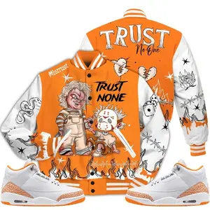 3 White Orange Peel Varsity Jacket, Orange Citrus 3s Outfit Scary Trust No One Shirts To Match Sneaker Streetwear