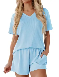 2 Piece Women’s Summer Loungewear Ribbed Short Sleeve Oversized Top Casual Shorts Soft Cotton Matching Set