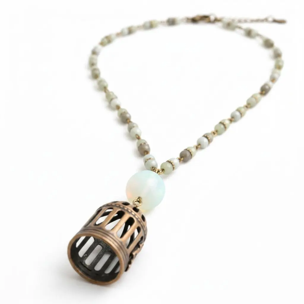 Bronze Bird Cage on Colorful Beaded and Bronze Necklace Chain