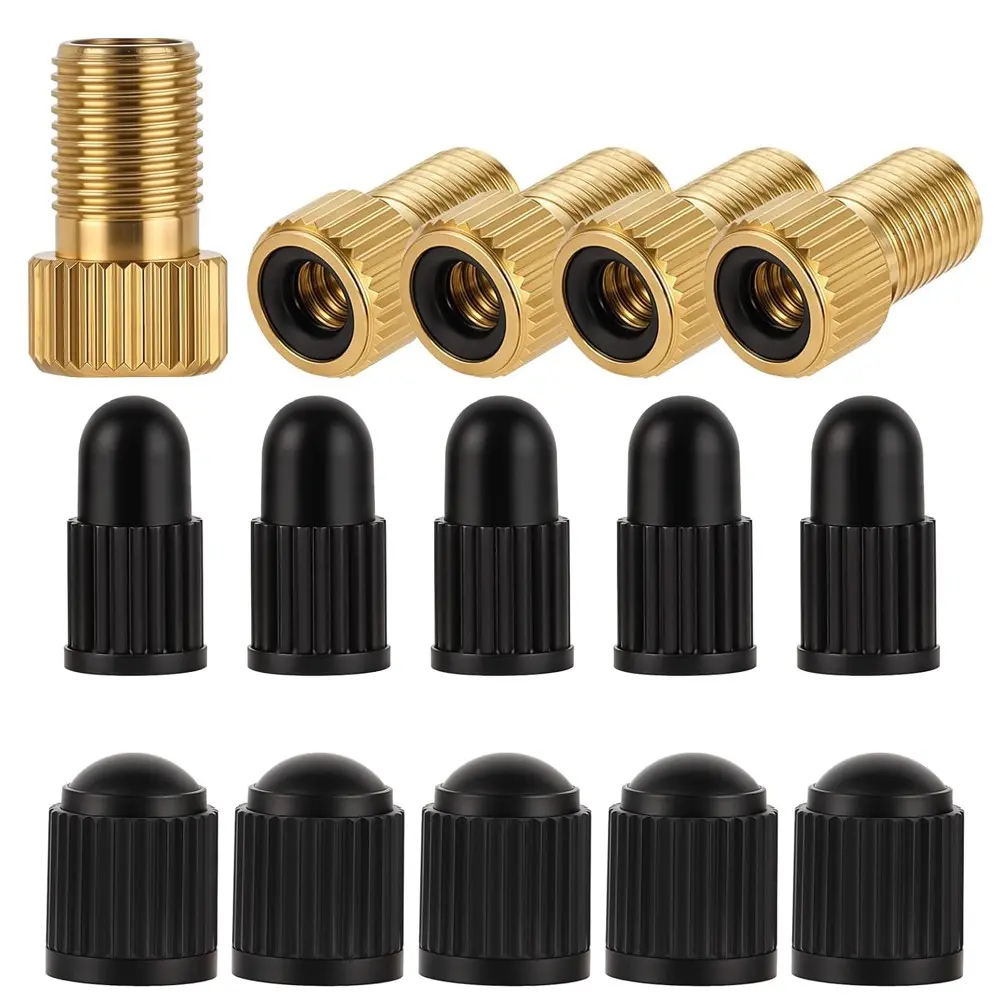 Brass Presta Valve Adaptor Pack of 5 + 10 Caps, Universal Convert Presta to Schrader for Bikes Ebikes Escooters, Essential Bike Accessories