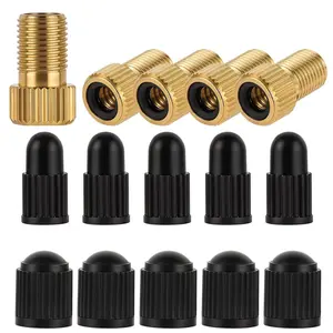 Brass Presta Valve Adaptor Pack of 5 + 10 Caps, Convert Presta to Schrader for Bikes Ebikes Escooters, Essential Bike Accessories