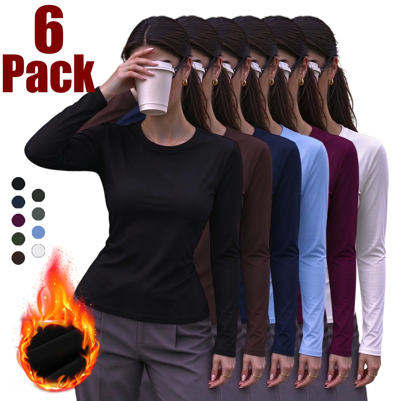 Women's 6 Pack Crew Neck Thermal Tops, Slim Fit Fleece Lined Long Sleeve Shirts, Soft Stretchy Layering Tees for Office, Fall & Winter