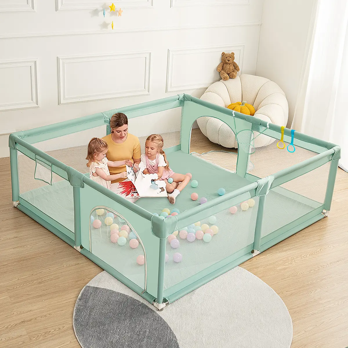 CAVEEN Baby Playpen, 78.7" x 70.8" x 27" Extra Large Playard, Portable Soft Mesh Sturdy Pipe Ample Space for abies and Toddler, Safe and Non-Slip Baby Fence, Full Mesh Design, Indoor & Outdoor Kids Activity Center, Green