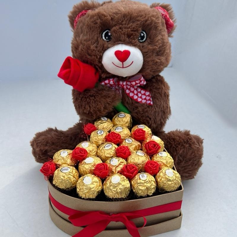 Brown Teddy Bear in Chocolate Heart Box with Red Roses and Chocolates - Ideal Snack and Dessert Ferrero Rocher