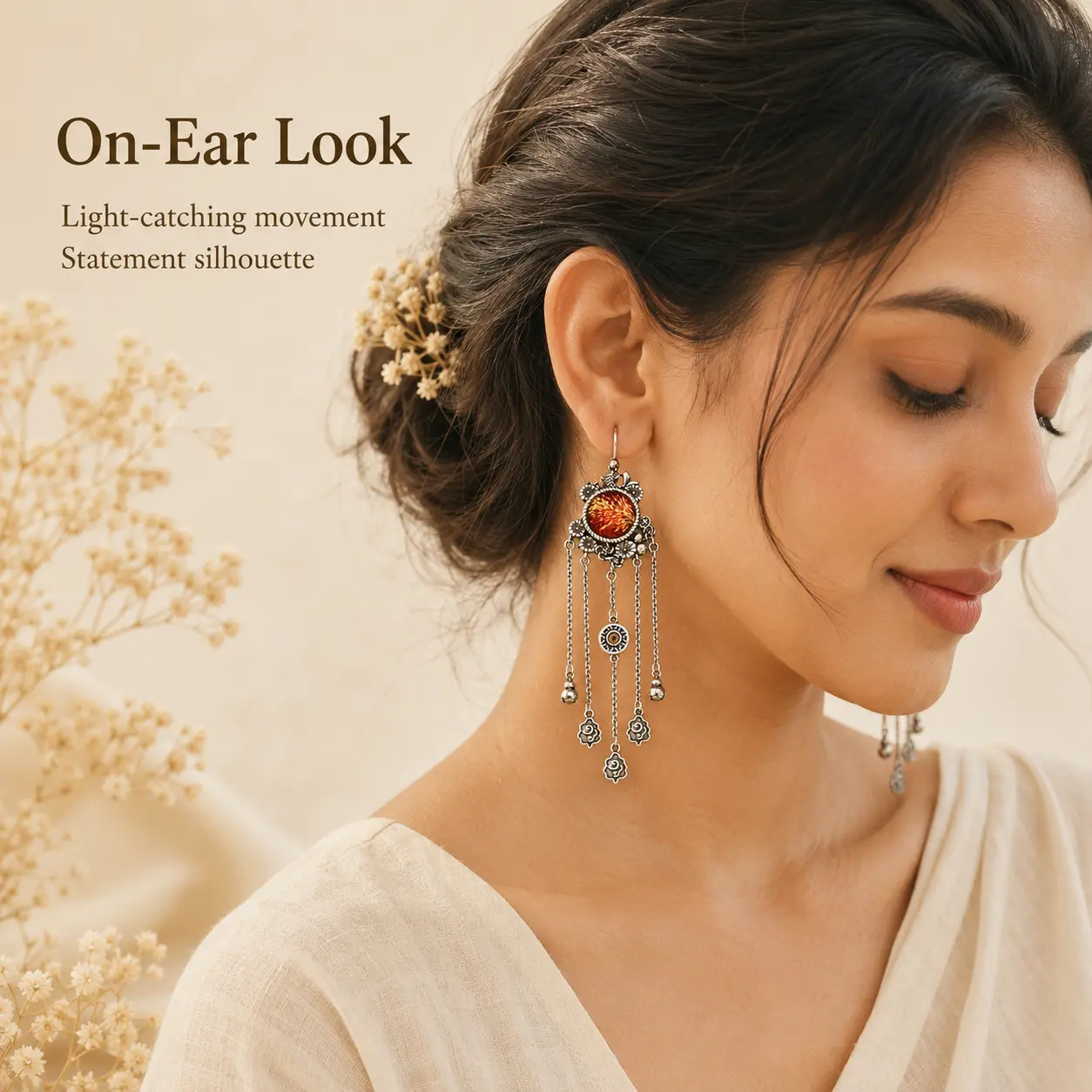 Handmade Tassel Earrings, Firework-Style Embroidery and Gold-Stamped Textile, Handmade Textile Jewelry Gift