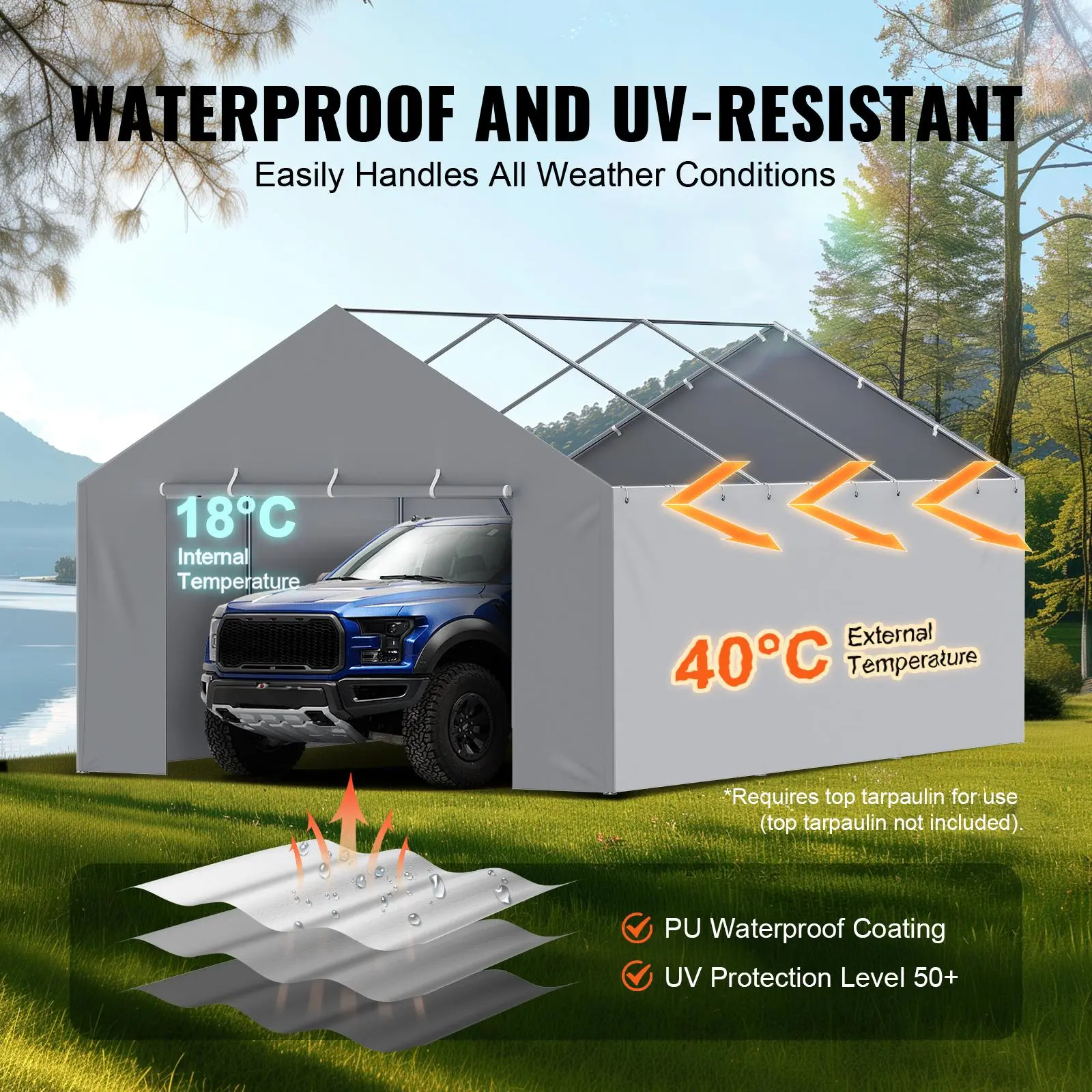 【Summerfinds】VEVOR Carport Replacement Canopy Cover Side Wall 13 x 20 ft, Garage Tent Shelter Tarp Heavy-Duty Waterproof & UV Protected, Easy Installation with Ball Bungees,Grey (Top and Frame Not Included)