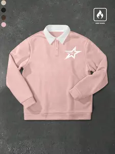 Men's Star Print Polo Collar Long Sleeve Sweatshirt, Fashionable Comfortable Pullover for Casual Wear, Perfect Layering Top for Any Season