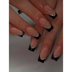 24pcs Long Coffin-Shaped Black French Manicure Nail Stickers, Enhance Your Fashion Sense! Minimalist & Unique Style, Durable & Reusable. Set Includes 1pc Jelly Gel And 1pc Nail File, Suitable For Women & Girls For Daily Wear Or Parties.