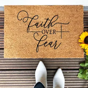 Faith Over Fear Doormat | Christian Welcome Mat | Inspirational Front Door Mat | Religious Porch Decor | Housewarming Gift Faux Leather Rug Boho Area Rug