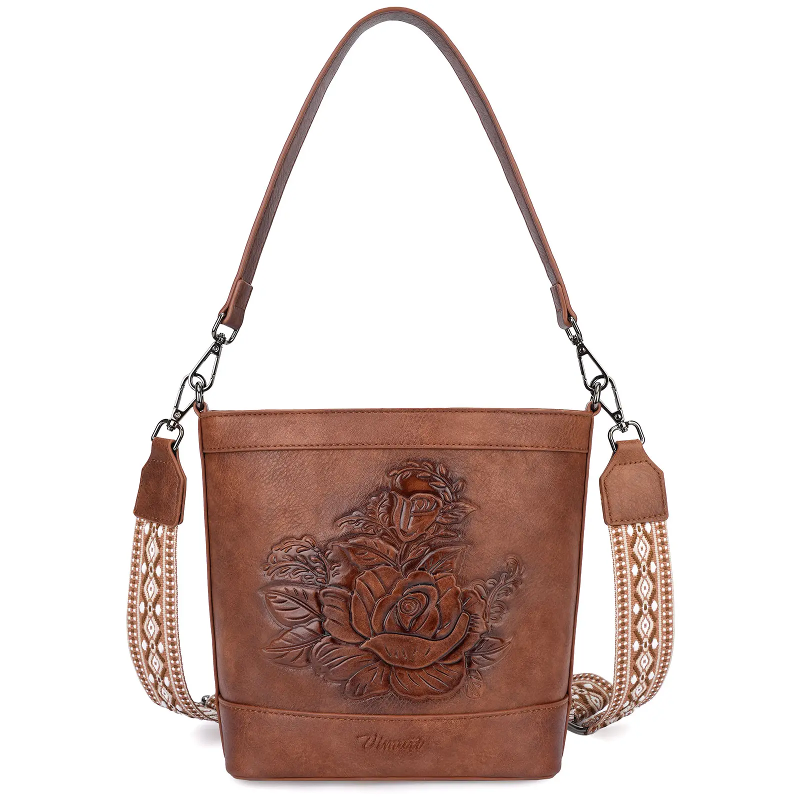 Women’s Rose Embossed Convertible Crossbody-Shoulder Bag - Chic Cute Vegan Leather Bag with Adjustable Strap, Multi Pockets, Large Capacity for Business Work Travel Gift (2-Way Carry Style)