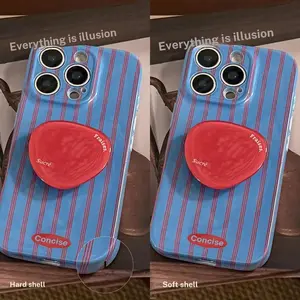 For iphone 17Promax Blue Red Striped Phone Case with Red Strawberry Pop Socket, Stylish Protective Cover Casing Accessories for iPhone 16/15/14/13