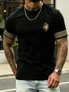 Men's Lion Print Crew Neck T Shirt, Classic, Aesthetic, Greek Key Pattern Casual Tee, Graphic Short Sleeve Top, Business Casual Summer Outfit, For Daily Wear, Office, Vacation #springsaledeals2026 #summeroutfits #tiktokshopmademebuyit #menfashion