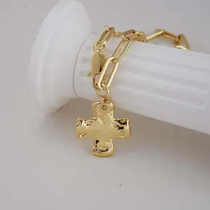 Women's Stainless Steel Gold Paperclip Chain Cross Buckle Necklace - Artificial Gemstone Pendant Accessory, Trendy Fashion Jewelry