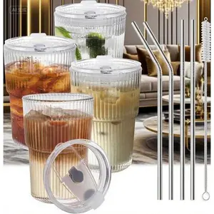 16oz Reusable Clear Drinking Glasses with Lids and Straws, 4-Pack Unbreakable Plastic Tumblers, Dishwasher Safe Iced Beverage Cups for Coffee and Tea, Leak-Proof Travel-Friendly To-Go Set Disposable Drinkware Ribbed Steel Sturdy chicago  decor