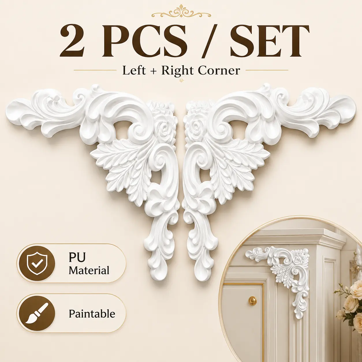 2PCS PU Decorative Corner Appliques - 7.4in x 7.4in Large French Floral Moulding Trim, Paintable 3D Wall Decor for Cabinets, Mirrors, Furniture