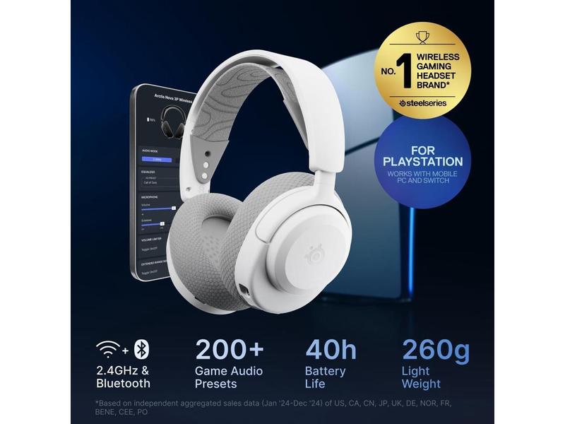 SteelSeries Arctis Nova 3P Wireless Multi-Platform Gaming Headset - Mobile App Control, 40 HR Battery, Neodymium Magnetic Drivers, 2.4GHz/Bluetooth, PS5, PS4, PC, Switch, Mobile - White