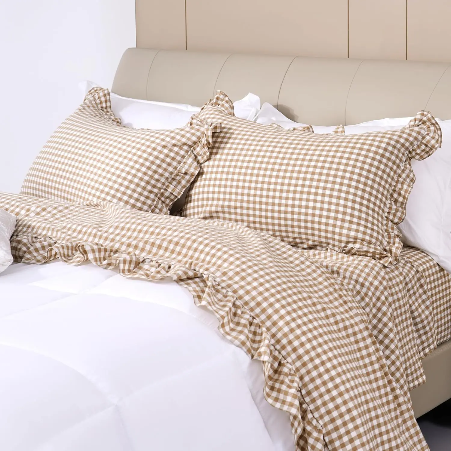 100% Cotton Full Size 4-Piece Checkered Bedding Set - 16'' Deep Farmhouse Gingham Sheets & Pillowcases, Soft Breathable (Taupe/White)