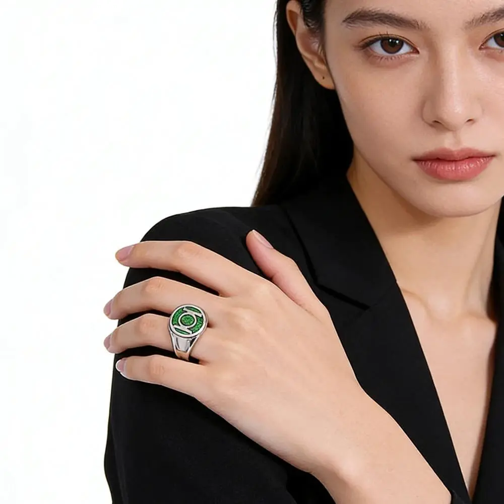 Classic Green Lantern Symbol Ring Silver Coating Green Enamel Ring An Accessory For Superhero Role-Playing Costumes Jewelry