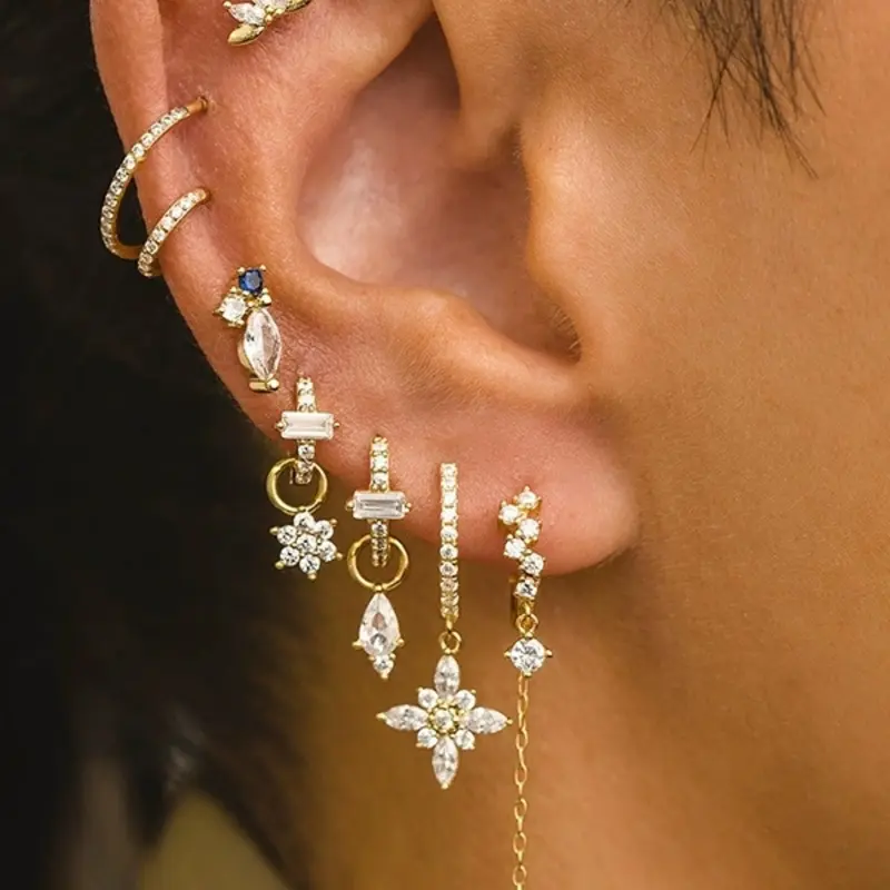 Tassel Pendant Flower Zircon Earrings Set, Dangle Earrings Set, S925 Silver Needle Fashion Earrings, Copper Plated 18k Elegant Studs, Women's Jewelry, Earring Stacking Set, Earrings Dangling, Earring Sets, Dangly Earrings