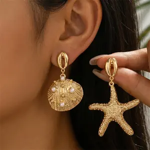 Summer Trend Asymmetrical Starfish Scallop Dangle Earrings for Women Exquisite Pearl S Conch Earring Ocean Style Jewelry