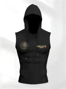 Men's Sleeveless Hooded Top with Mexican Pattern Letter Design, Sporty Fitted Vest for Active Lifestyle, Comfortable Durable Material, Sleeveless Sports Vest