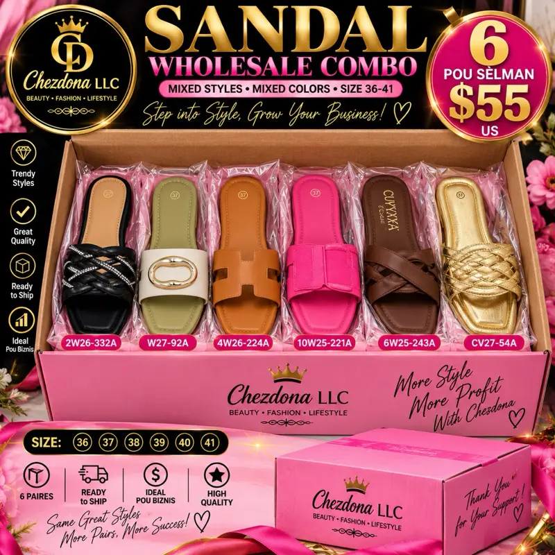 Chezdoma LLC Sandal Wholesale Combo - 6 Pairs Mixed Styles & Colors - Sizes 36-41 - Trendy & High Quality - Ready to Ship - $55 US