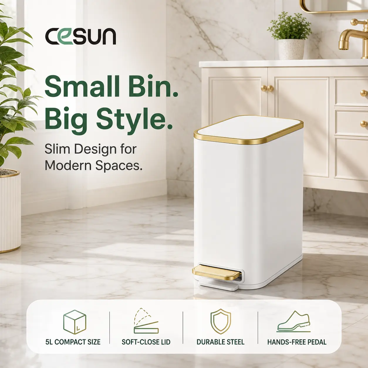 Cesun Stainless Steel Slim Waste Bin, 1.3 Gal Pure White & Gold Bathroom Necessities for Small Bathroom Bins, Office