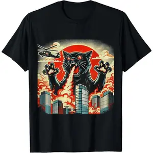 [Cotton graphic tees] men gifts Casual short sleeve tops Catzilla Cat Japanese Art Funny Cat Gifts For Men Women  T-Shirt