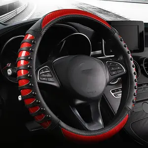 3D Car Steering Wheel Cover,14.5-15 Inch Universal Microfiber Leather & Carbon Fiber O-Type Steering Wheel Cover,Breathable Anti-Slip  Steering Wheels Accessories For Men Women - Red