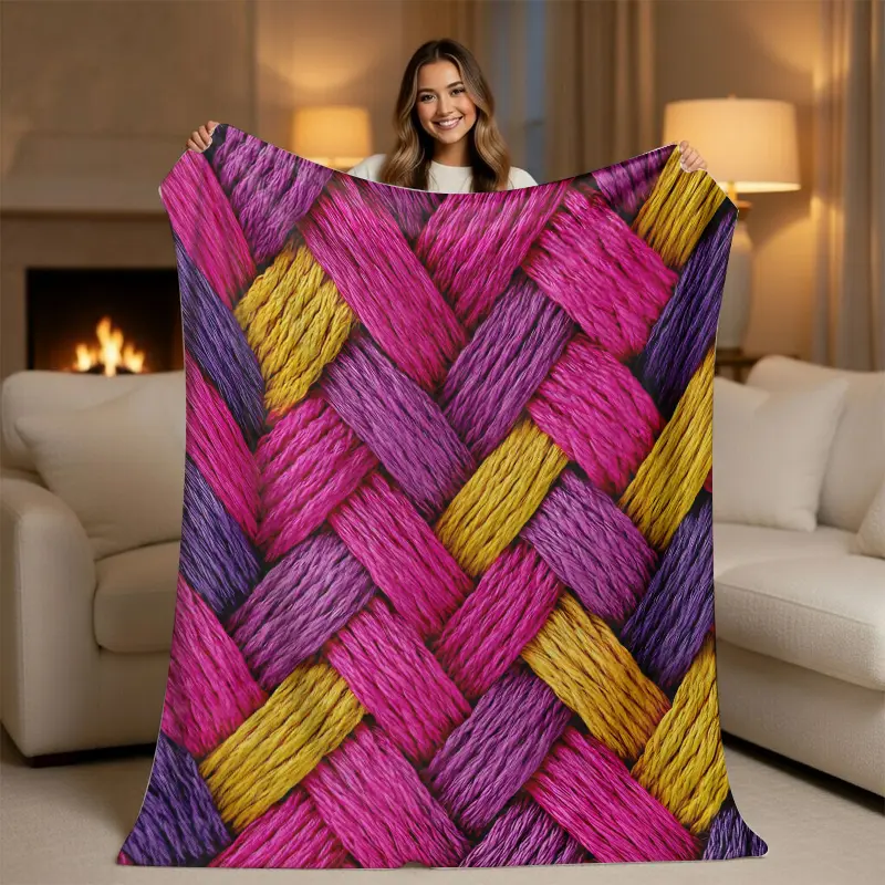 Pink Throw Blanket - Colorful Braided Texture, Assorted Color Abstract Print Boho Blankets, Soft Geometric Bohemian Bedding, Vibrant Dopamine Room Decor Gift, Abstract Print Blankets