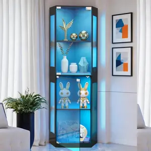 Display Cabinet with Glass Doors  65" 4-Tier Corner Display Cabinet with 3 Color LED Lights & Human Body Sensor Glass Cabinet Display Case with Adjustable Shelves for Collections Game Room