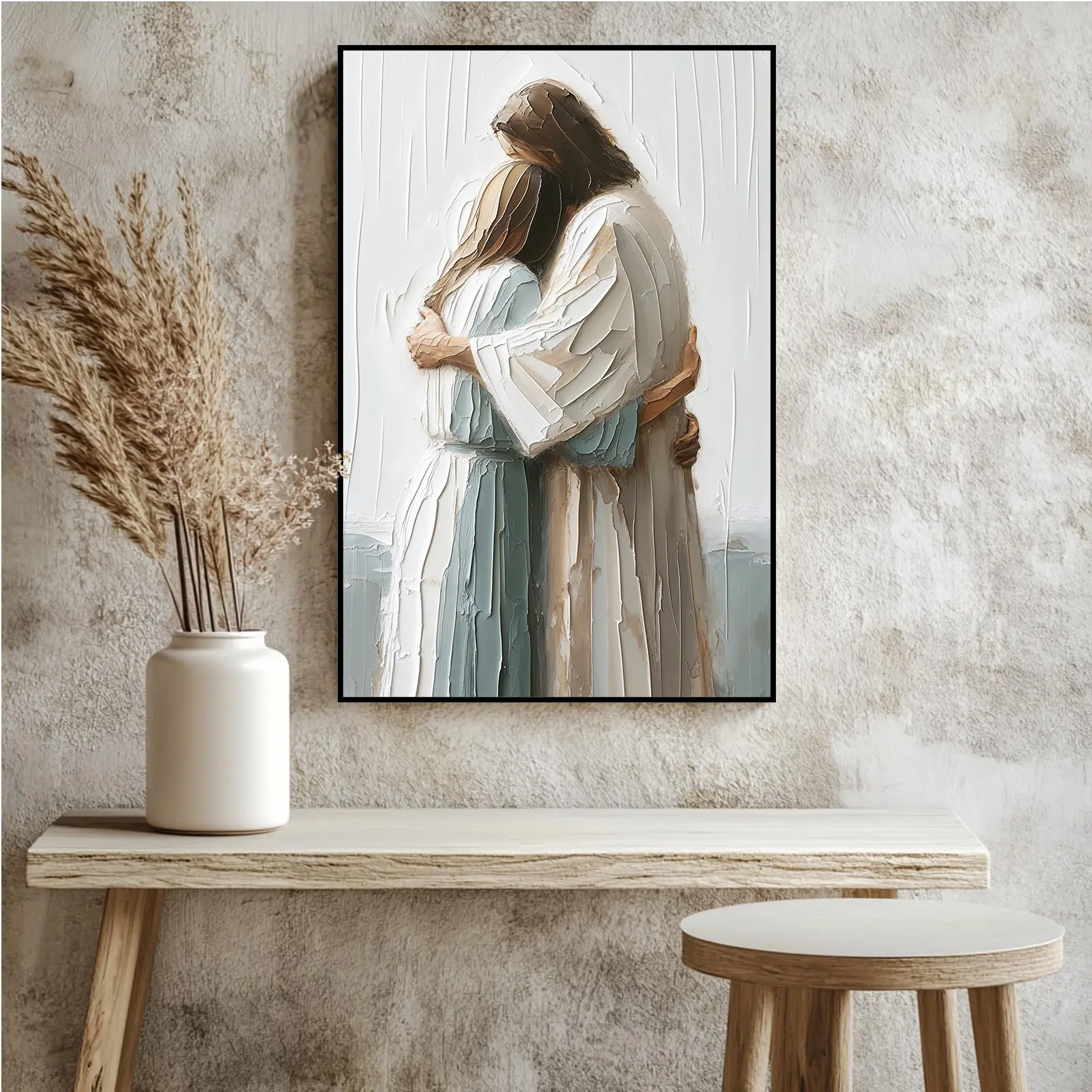 Embrace in Soft Light Couple Hugging Art Emotional Connection Painting Intimate Relationship Print Comforting Embrace Decor Warm Tones Artwork Wall Art Poster Wall Decor Canvas Print for Home Bedroom Living Room Wedding Anniversary Gifts