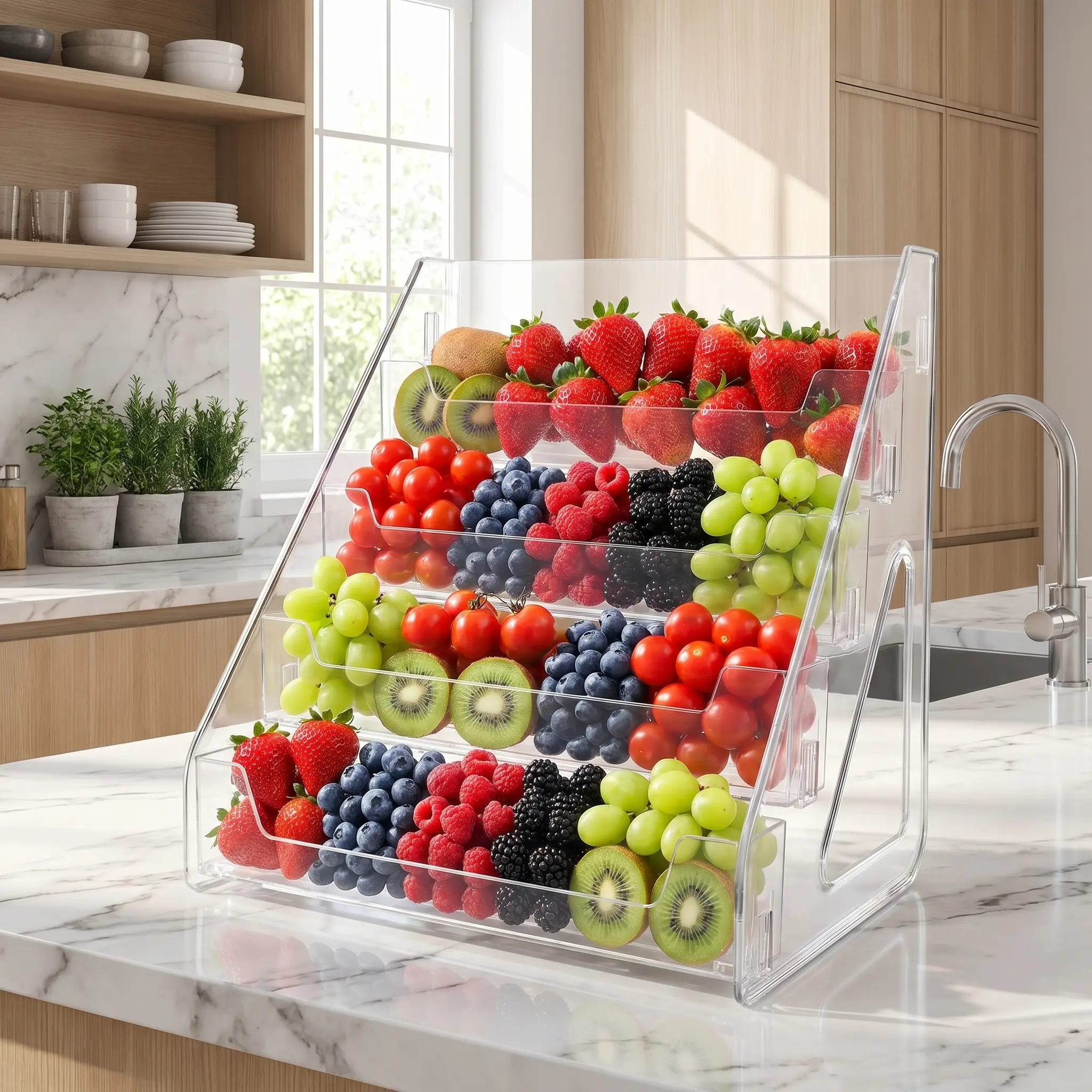 3/5-Tier Countertop Fruit Organizer Stand, Clear Acrylic Storage Rack for Produce, Grocery, Bread and Kitchen Essentials