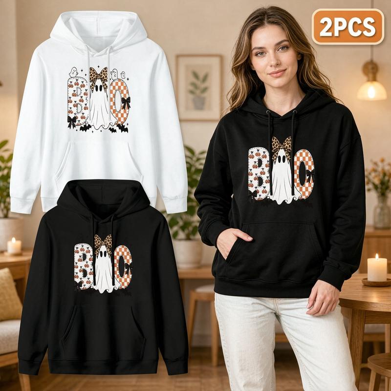 Women's 2-Pack Halloween Hoodies with Pockets - Cute BOO Ghost Graphic Casual Fitted Pullover Tops for Women, Soft Spooky Season Fall Winter Outfits, Leopard Bow Pumpkin Loungewear Gifts