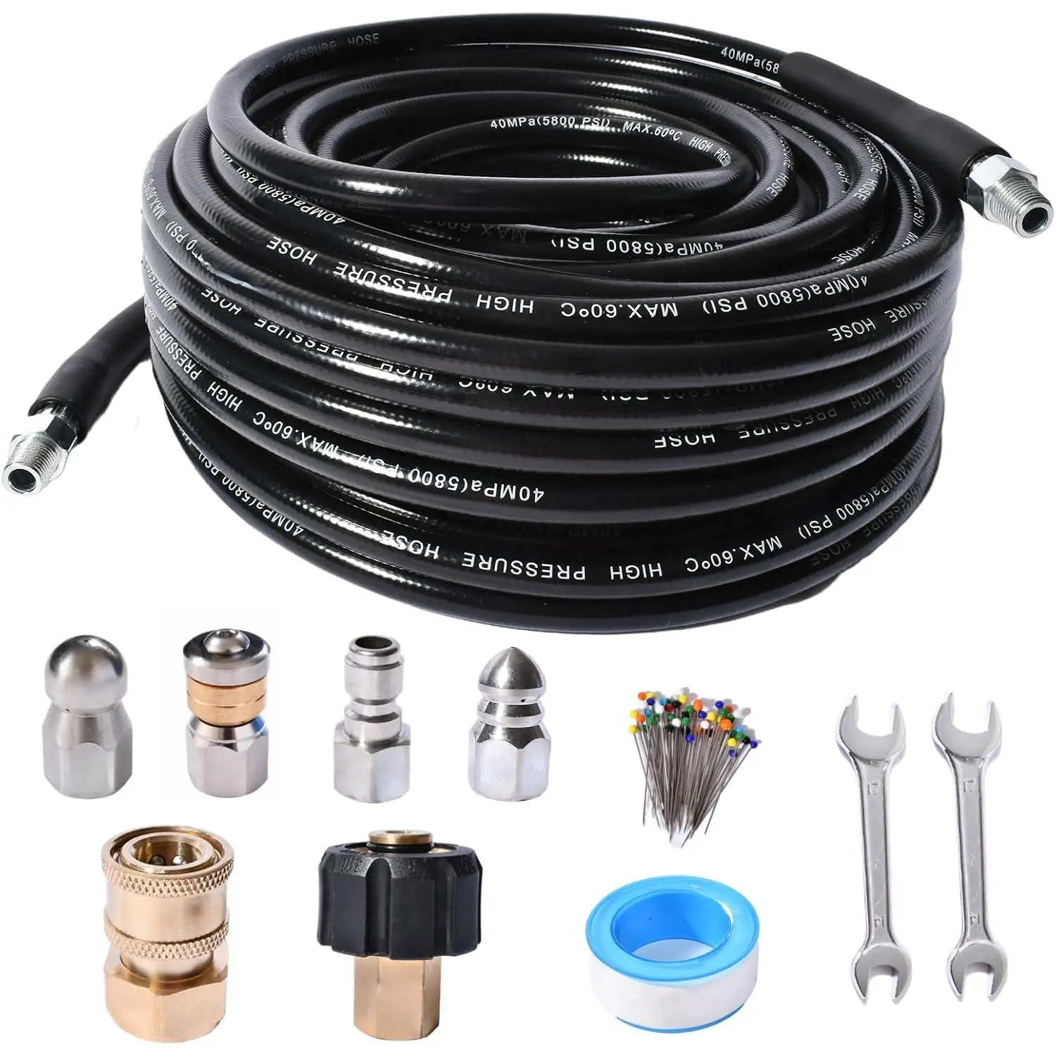 Sewer Jetter Kit for  Washer 4000 PSI Drain Cleaner Hose 1/4 Female NPT,Button Nose, Washer Adapter,Button Hose Sewer Jetting Nozzle  Corsage Pin  Tape with 2 Spanner