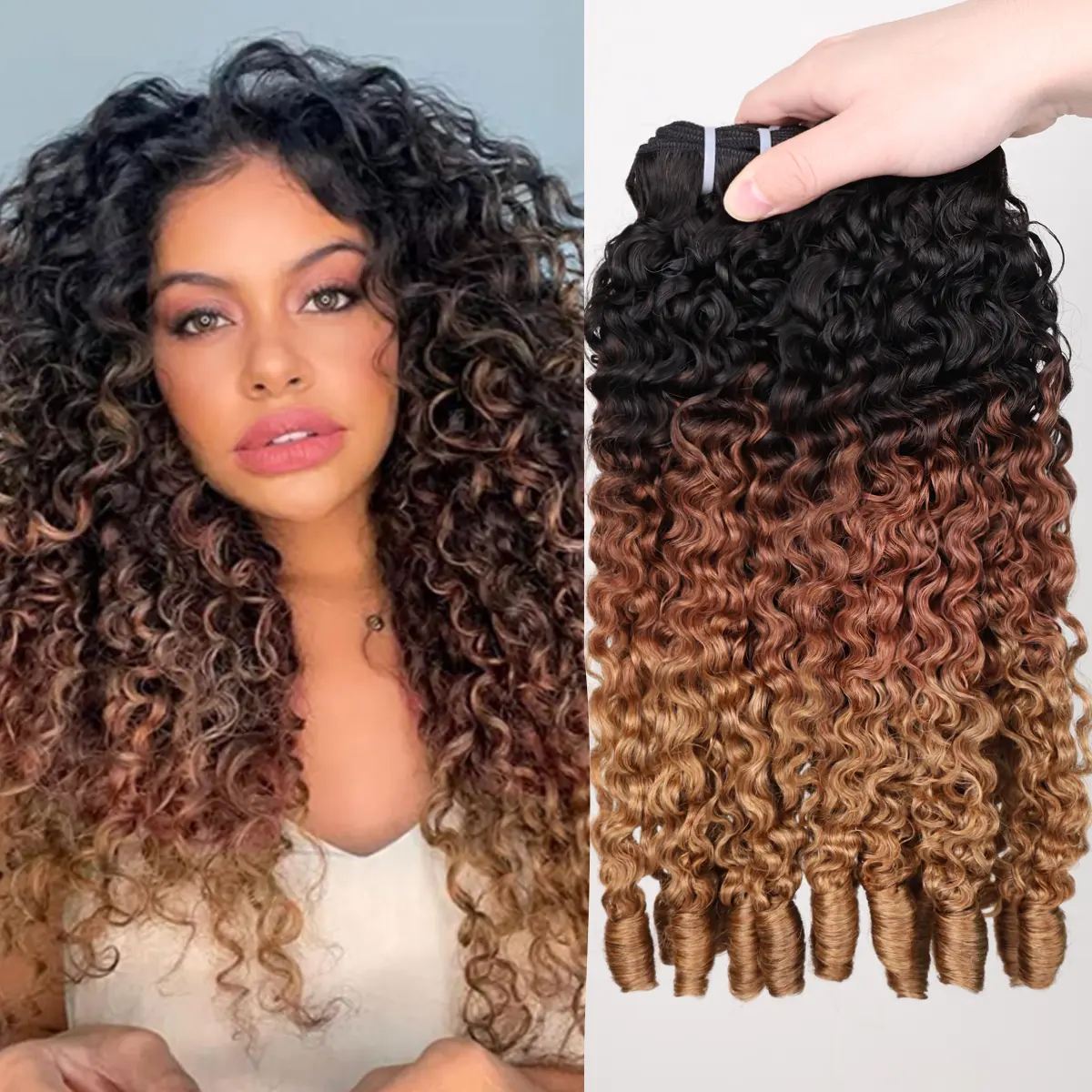 Perismoda Hair 16A Raw Burmese Curly Human Hair Bundles Ombre Blonde 3 Bundles 1B/27/30 Unprocessed Virgin Human Hair Extensions Natural Spiral Curly Real Human Hair Weft Quick Weave Bundles for Black Women