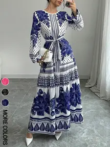 Women's Boho Floral Printed Belted Fitted Dress, Elegant Round Neck Long Sleeve A-Line, Perfect for Vacation, Holiday, Wedding, All Seasons