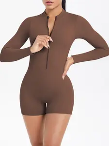 Women's Solid Zip Up Sports Jumpsuit, Long Sleeve Ribbed Jumpsuit for Yoga Gym Workout, Ladies Sportswear for All Seasons, Fitness Outfit