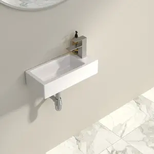 Logmey 14.5" L x 7" W Wall Mounted Bathroom Sink Rectangular Wall Hung White Ceramic Sink with Faucet Hole