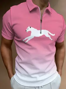 Pink Zip Polo Shirt, Men's Short Sleeve Casual Top, Dog Pattern Print Trendy Design